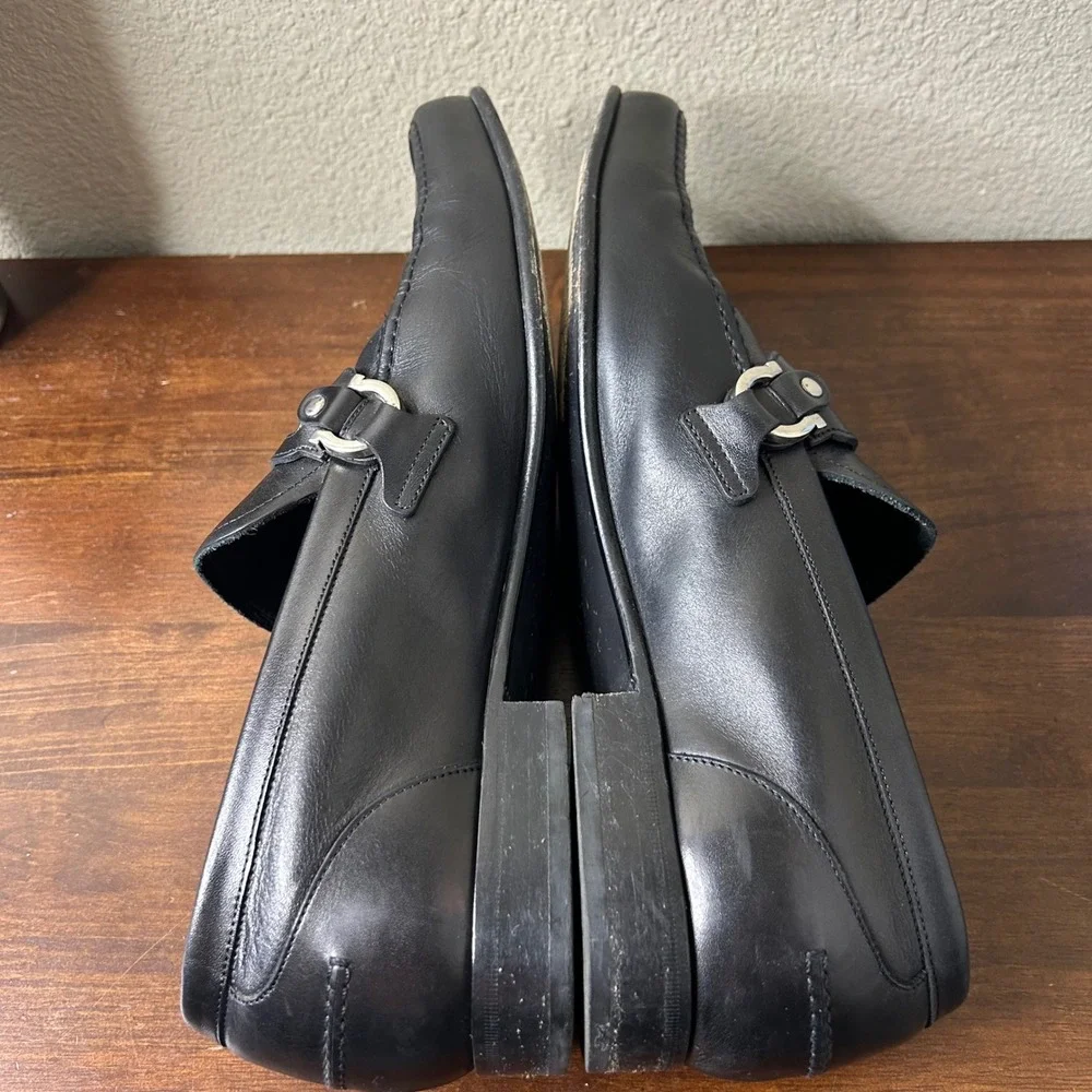 Salvatore Ferragamo Loafers 10 EE Mens Black Leather Gancini Square‎ Toe Italy